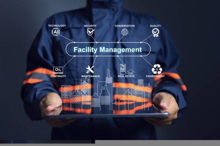 Facilities management in Essex visualised through digital icons showing maintenance, security, technology, and environmental services