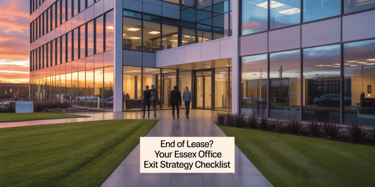 Modern Essex office building entrance at sunset with end of lease checklist title, illustrating commercial property exit strategy.