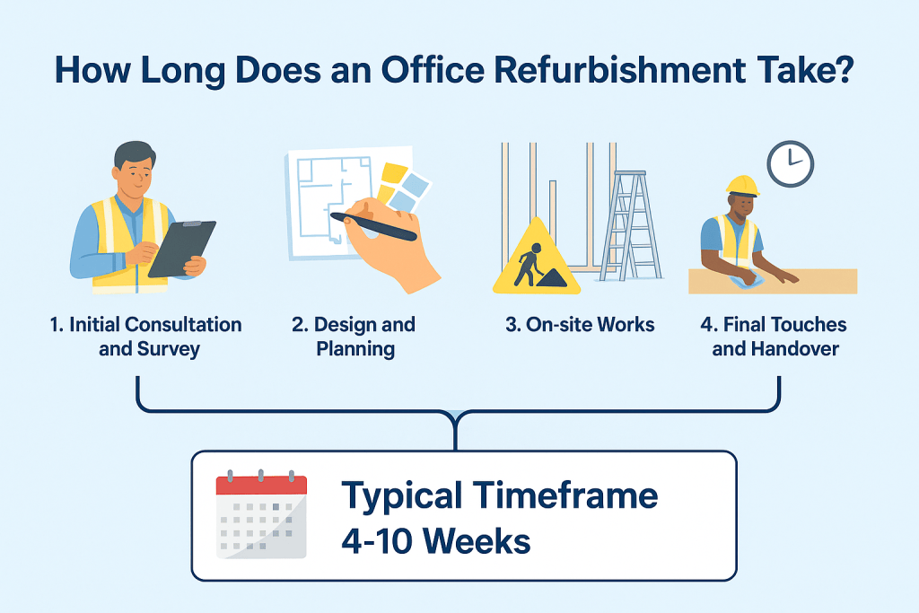 Infographic showing the stages of an office refurbishment, including consultation, design, on-site works, and handover, with a typical timeframe of four to ten weeks